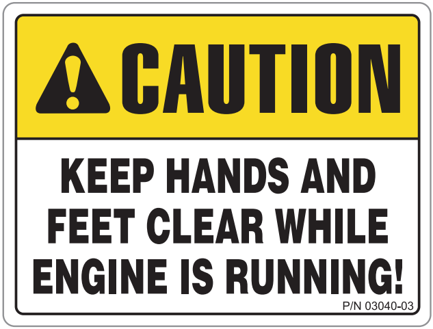 Caution - Keep Hands And Feet Clear While Engine Is Running Decal - Suit Stump Grinder 115mm x 85mm - Vehicle Safe - Same Day Dispatch