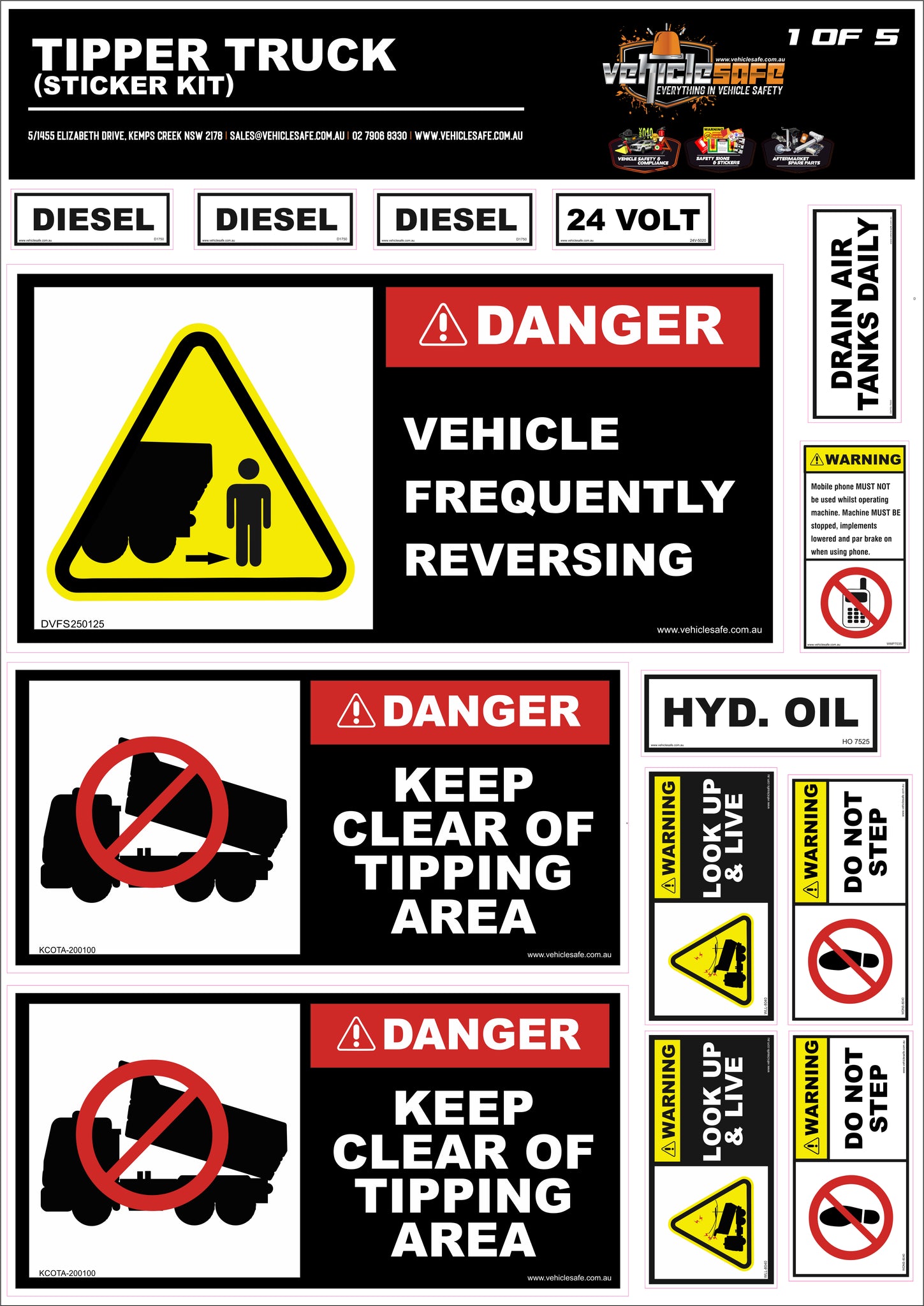 Tipper Truck Safety Sticker Kit - Vehicle Safe