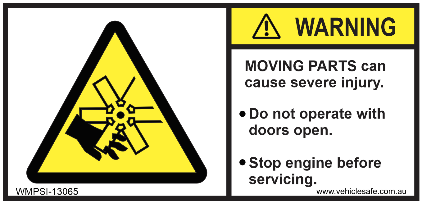 Warning Moving Parts Can Cause Severe Injury Decal - 130mm x 65mm